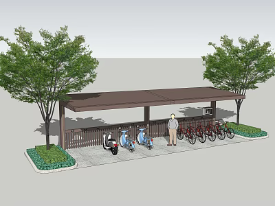 Outdoor Bike Shelter Featuring Bicycles Electric Scooters Trees Landscaping Person Near Fence 3d model