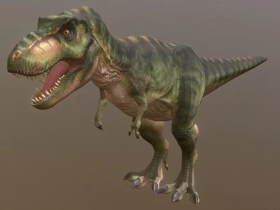 Realistic Tyrannosaurus Rex Dinosaur With Green Striped Skin Open Mouth And Sharp Teeth 3d model