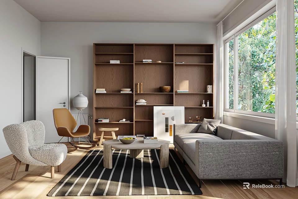 Modern Living Room With Grey Sofa Wooden Bookshelf Striped Rug And Large Window Green Plants 3d model 