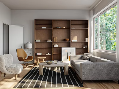 Modern Living Room With Grey Sofa Wooden Bookshelf Striped Rug And Large Window Green Plants 3d model