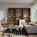 Modern Living Room With Grey Sofa Wooden Bookshelf Striped Rug And Large Window Green Plants