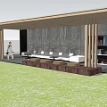 Residential Landscape with Green Lawn Water Feature Fountains and Modern Building Seating Area