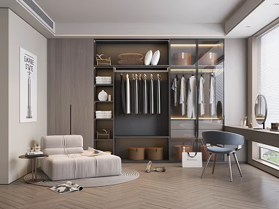 Modern Walk in Closet Interior with Hanging Clothes Storage Boxes and Chair 3d model
