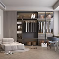 Modern Walk in Closet Interior with Hanging Clothes Storage Boxes and Chair