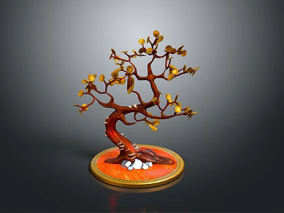 Decorative Plant with Red Trunk Yellow Leaves on Round Base White Pebbles 3d model