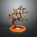 Decorative Plant with Red Trunk Yellow Leaves on Round Base White Pebbles