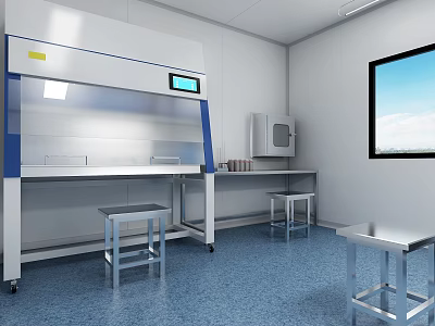 Modern Laboratory With Biosafety Cabinet Metal Stools Blue Flooring And White Walls 3d model