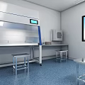 Modern Laboratory With Biosafety Cabinet Metal Stools Blue Flooring And White Walls