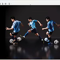 Four Men In Blue Jerseys Black Shorts Running And Dribbling Soccer On Dark Reflective Floor