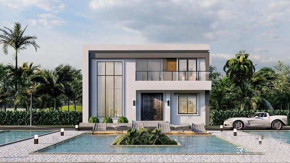Modern Detached Villa with Swimming Pool Glass Windows Balcony and Green Plants 3d model 