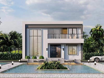 Modern Detached Villa with Swimming Pool Glass Windows Balcony and Green Plants 3d model