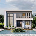 Modern Detached Villa with Swimming Pool Glass Windows Balcony and Green Plants