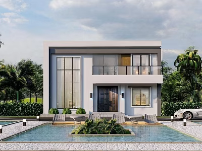 Modern Detached Villa with Swimming Pool Glass Windows Balcony and Green Plants 3d model