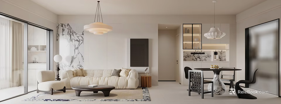 Modern Living Dining Room Interior With Beige Sofa Coffee Table And Pendant Light 3d model 