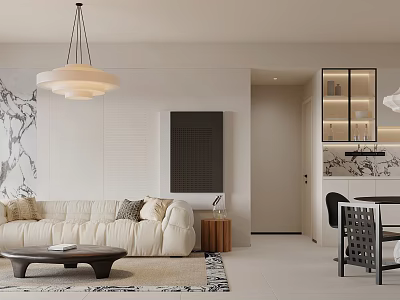 Modern Living Dining Room Interior With Beige Sofa Coffee Table And Pendant Light 3d model