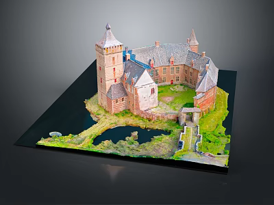 Ancient Architecture Model With Towers Courtyard Greenery And Water Feature On Black Base 3d model