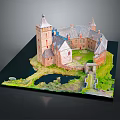 Ancient Architecture Model With Towers Courtyard Greenery And Water Feature On Black Base