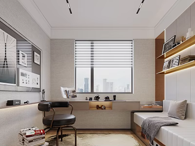 Modern Study Room Interior With Wooden Desk Black Chair Blinds Bookshelves And City View 3d model