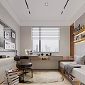 Modern Study Room Interior With Wooden Desk Black Chair Blinds Bookshelves And City View
