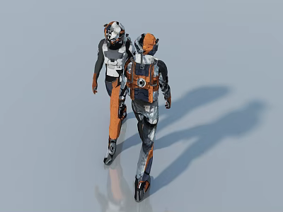 Smart Machines In Orange And White Mechanical Exoskeletons Walking Side By Side 3d model