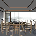 Chinese Style Private Dining Room With Round Table Tableware And Landscape Paintings 3d model