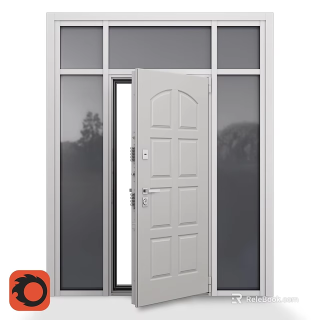 Gray Swing Door With Glass Panels Frame And Open Design Features 3d model 
