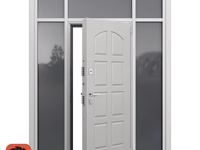 Gray Swing Door With Glass Panels Frame And Open Design Features 3d model