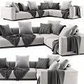 Modern Light Gray Sectional Sofa With Checkered Pillows And Soft Throw Blankets 3d model