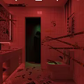 Spooky Horror Bathroom Scene With Caution Tape Handprints Footprints And Silhouette In Red Lighting