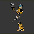 Yellow and Black Robot Character With Blue Helmet Holding Gun And Tool In Gray Background