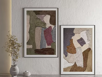 Abstract Paintings On Textured Wall With Ceramic Vase And Dried Flowers 3d model