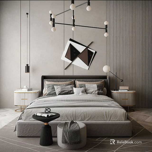 Modern Bedroom Interior Design With Gray Bedding Geometric Wall Art Nightstands And Pendant Lights 3d model 