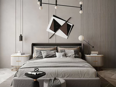 Modern Bedroom Interior Design With Gray Bedding Geometric Wall Art Nightstands And Pendant Lights 3d model