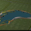 Scenic Landscape With Blue Lake Winding Colorful Pathways And Green Grassland