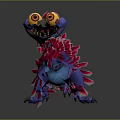 Blue Mythical Creature Character With Red Feathers Large Yellow Eyes And Black Snout