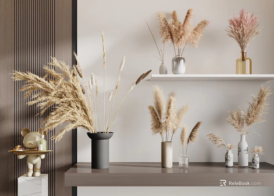 Modern Vases With Dried Flowers On Shelf Light Wall And Wooden Texture Decor 3d model 
