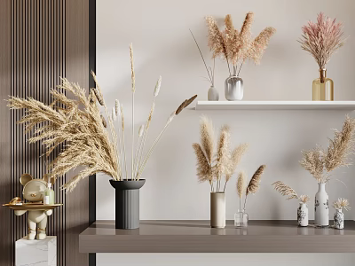 Modern Vases With Dried Flowers On Shelf Light Wall And Wooden Texture Decor 3d model