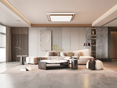 Modern Living Room Interior With Beige Sofa Round Coffee Table And Marble Wall 3d model