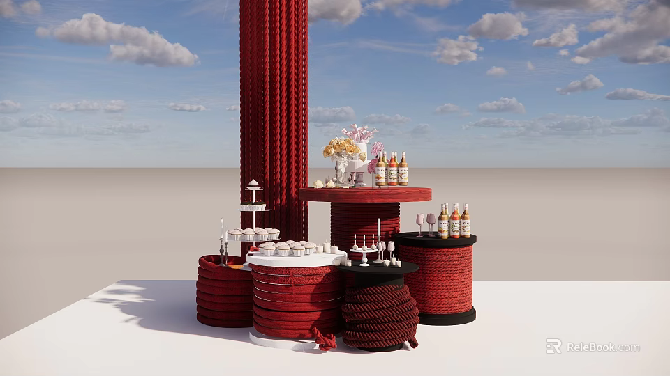 Eye Catching Photo Spot With Red Column Rope Wrapped Platforms Cakes Flower Vases And Bottles 3d model 