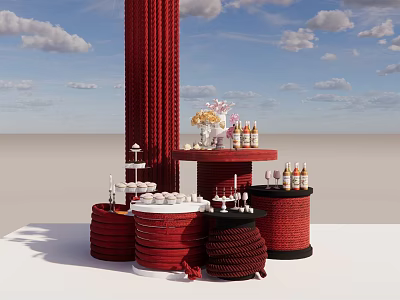 Eye Catching Photo Spot With Red Column Rope Wrapped Platforms Cakes Flower Vases And Bottles 3d model