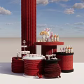 Eye Catching Photo Spot With Red Column Rope Wrapped Platforms Cakes Flower Vases And Bottles