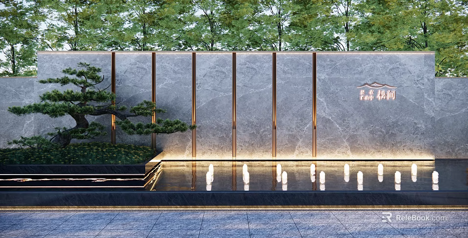 Modern Marble Feature Wall With Water Reflection And Pine Tree Lighting In Garden Design 3d model 