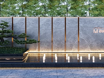 Modern Marble Feature Wall With Water Reflection And Pine Tree Lighting In Garden Design 3d model