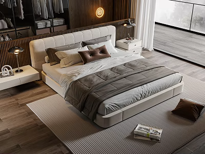 Modern Double Bed Bedroom With Upholstered Headboard Neutral Bedding Nightstands And Large Window 3d model