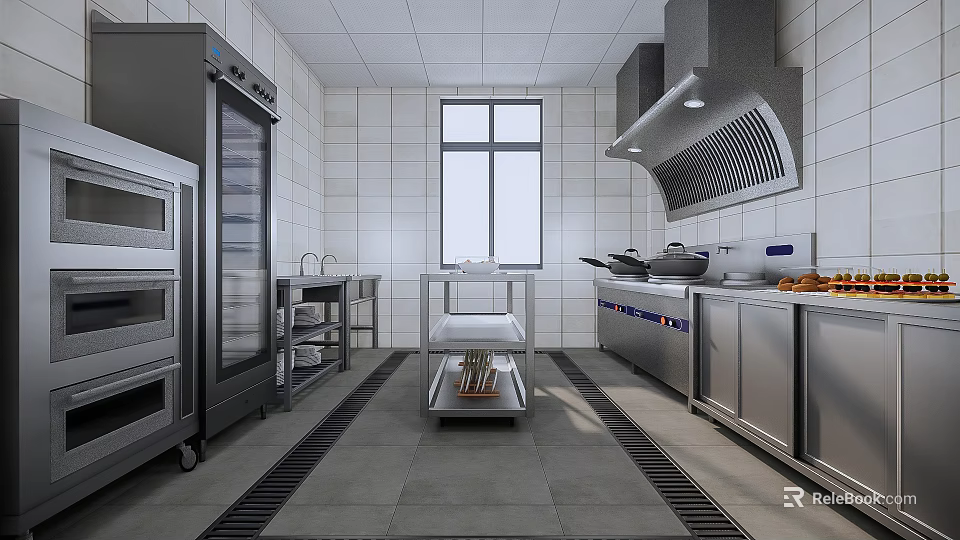 Commercial Kitchen Interior Design With Stainless Steel Equipment Ventilation Hood And Tile Wall 3d model 