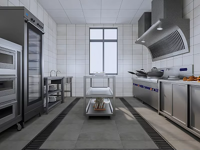Commercial Kitchen Interior Design With Stainless Steel Equipment Ventilation Hood And Tile Wall 3d model