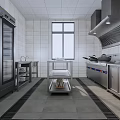 Commercial Kitchen Interior Design With Stainless Steel Equipment Ventilation Hood And Tile Wall