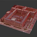 Cartoon Scenery Of Square Building Complex With Central Courtyard Surrounding Roads And Parked Cars