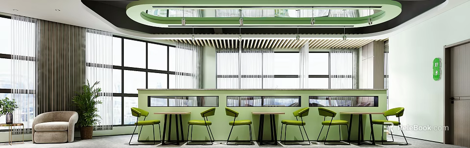 Vibrant Modern Restaurant Interior With Green Chairs And Large Windows 3d model