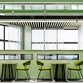 Vibrant Modern Restaurant Interior With Green Chairs And Large Windows 3d model